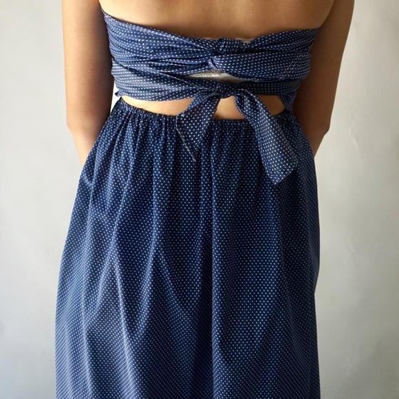 Strapless cotton handmade blue white polkadot dress - Picture 4 of 10